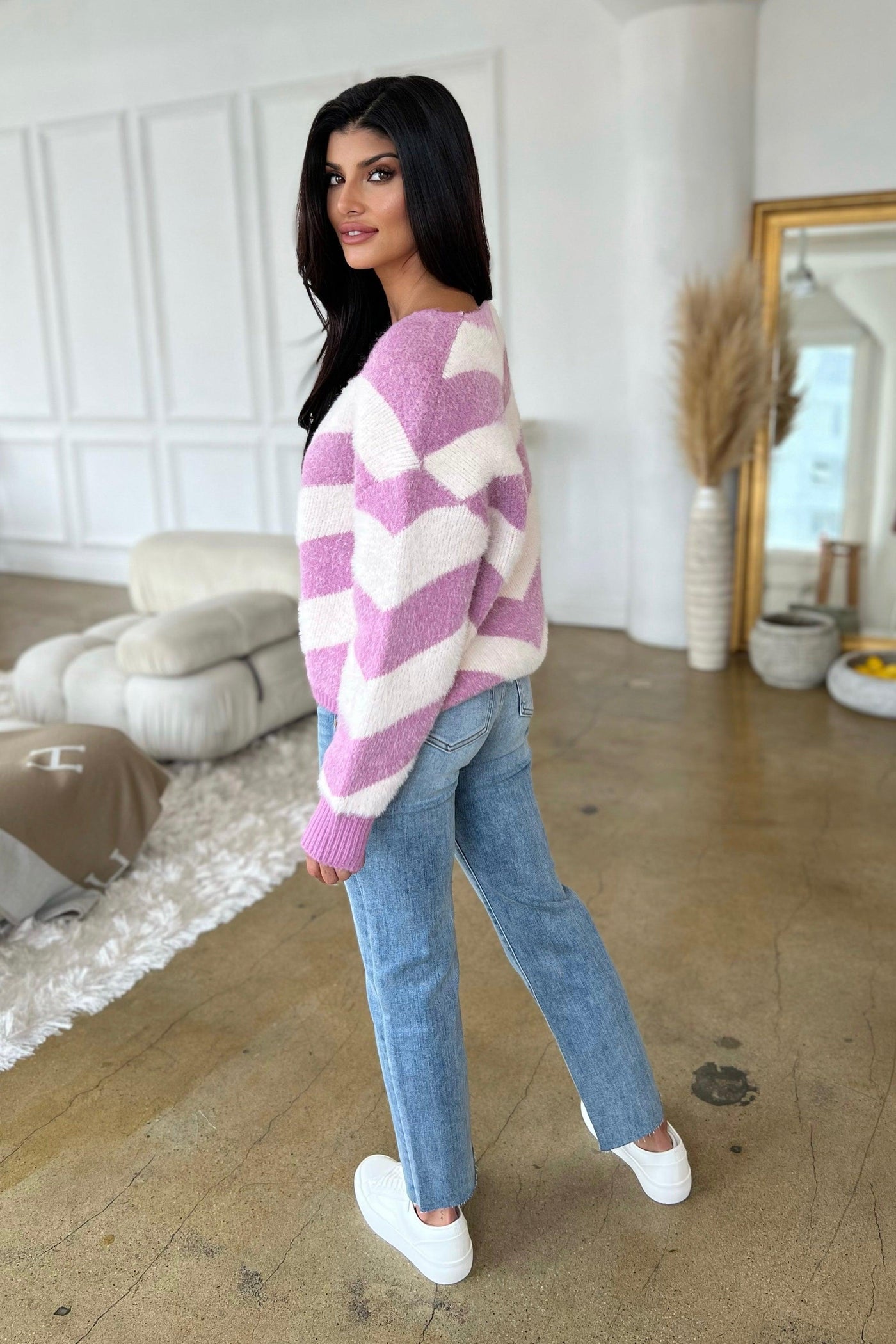 CHEVRON FUZZY SWEATER , SWEATER , It's NOMB , CHEVRON PATTERN SWEATER, COZY SWEATER, fall sweaters, fuzzy sweater, it's nomb, lavender and ivory striped sweater, oversized sweater, pink, pink sweater, ROSE AND IVORY STRIPED SWEATER, striped vneck sweater, sweater, sweaters, v-neck sweater , It's NOMB , itsnomb.com