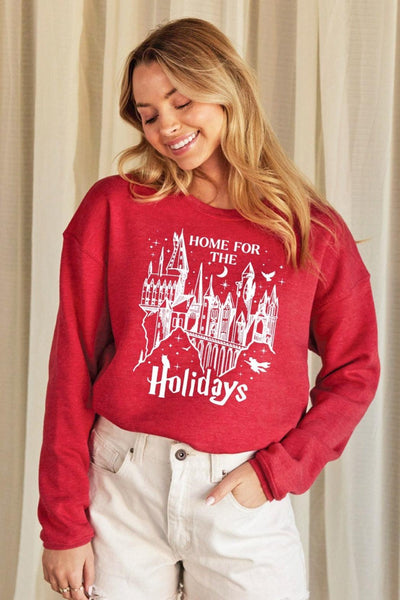 HOME FOR THE HOLIDAYS PULLOVER , graphic pulllover , It's NOMB , christmas graphics, COZY GRAPHIC PULLOVER, COZY GRAPHIC SWEATSHIRT, graphic sweatshirt, harry potter christmas sweatshirt, hogwarts holiday graphic sweater, home for the holidays, SOCIAL HANGOVER, SWEATSHIRTS , It's NOMB , itsnomb.com