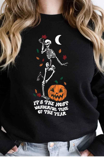 IT'S THE MOST WONDERFUL TIME OF THE YEAR PULLOVER (PLUS AVAILABLE) , T-SHIRT , it’sNOMB. The Label , DANCING SKELETON GRAPHIC PULLOVER, FALL GRAPHIC PULLOVER, GRAPHIC, HALLOWEEN, IT'S THE MOST WONDERFUL TIME OF THE YEAR PULLOVER , It's NOMB , itsnomb.com