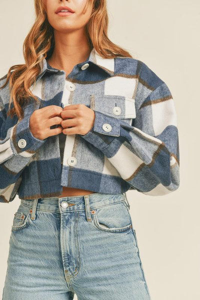 JACLYN CROPPED SHACKET , , it’sNOMB. The Label , blouse, BLOUSES, Blue, BUTTON DOWN, cropped, CROPPED JACKET, FLANNEL, FLANNEL SHIRT, ITS NOMB, Its None of My Business, ITSNOMB, ITSNOMBTHELABEL, Jessica Nickson, PLAID, PLAID PATERN, PLAID PATTERN, SHACKET, SHACKETS, SHIRT , It's NOMB , itsnomb.com