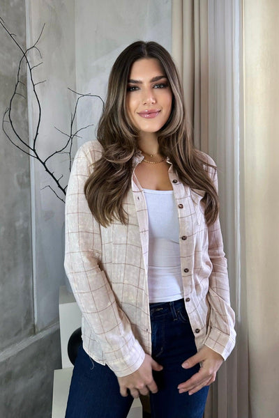 KATT BUTTON DOWN SHIRT , Shirts & Tops , It's NOMB , beige button down shirt, BUTTON DOWN FLANNEL SHIRT, GRID PRINT SHIRT, GRID WASHED SHIRT , It's NOMB , itsnomb.com