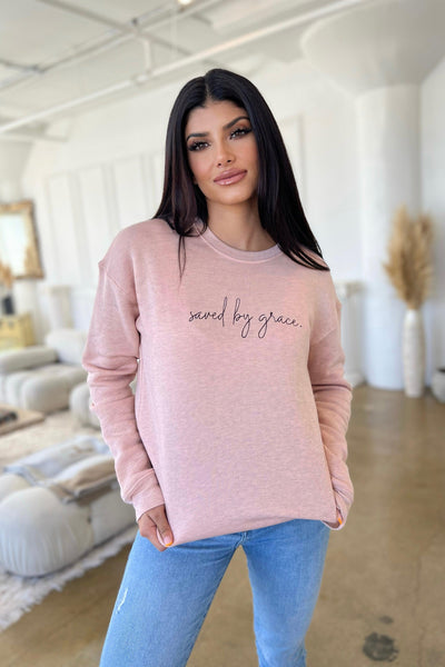 SAVED BY GRACE PULLOVER (PLUS AVAILABLE) , SWEATSHIRT , it’sNOMB. The Label , CHRISTIAN SHIRT, COZY GRAPHIC PULLOVER, COZY GRAPHIC SWEATSHIRT, GRAPHIC PULLOVER, graphic sweathsirts, graphic sweatshirt, RELIGIOUS SHIRT, SAVED BY GRACE PULLOVER, SAVED BY GRACE SHIRT , It's NOMB , itsnomb.com