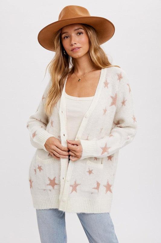 SEEING STARS CARDIGAN , CARDIGAN , It's NOMB , BOXY FIT WOMEN'S CARDIGAN, CREAM CARDIGAN WITH STARS, EXPENSIVE CARDIGAN DUPE, OVERSIZED CREAM CARDIGAN , It's NOMB , itsnomb.com
