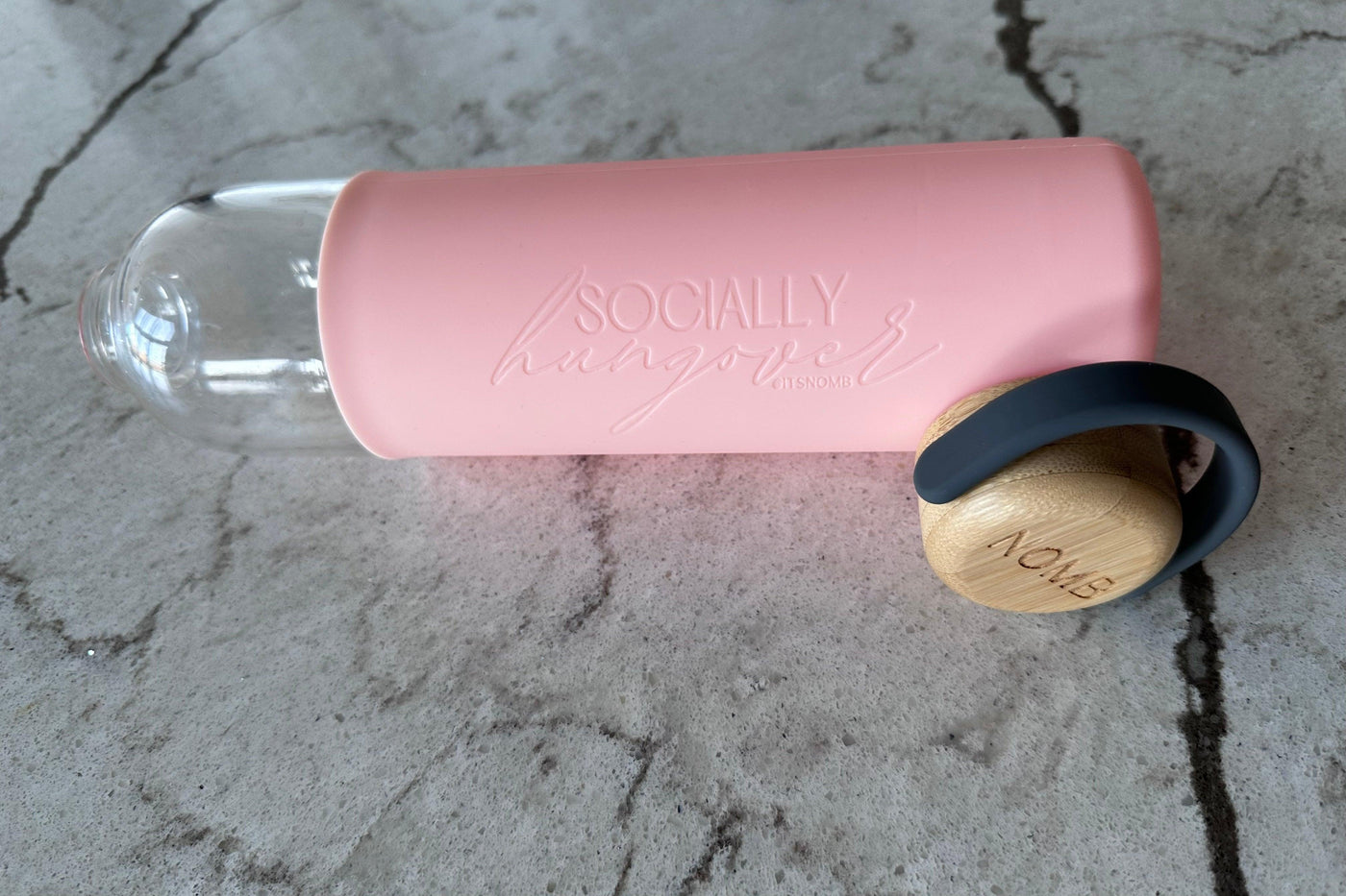 SOCIALLY HUNGOVER WATER BOTTLE , WATER BOTTLE , It's NOMB , GLASS BPA FREE WATER BOTTLE, GLASS WATER BOTTLE, IT'S NOMB WATER BOTTLE, PINK WATER BOTTLE, SOCIAL HANGOVER, socially hungover , It's NOMB , itsnomb.com