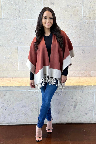 STATE OF MIND PONCHO , JACKET , It's NOMB , chocolate color poncho, color blocked poncho, it's nomb, ivory poncho, JACKETS, ONLINE BOUTIQUE, poncho, poncho sweater, poncho with fringe, rust poncho, shawl jacket, shawl sweater, state of mind poncho, sweater poncho, sweater poncho with fringe , It's NOMB , itsnomb.com