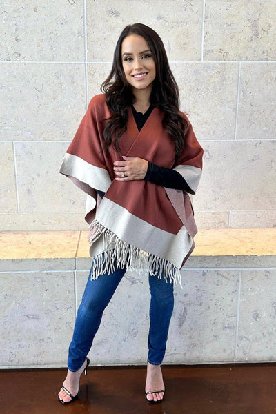 STATE OF MIND PONCHO , JACKET , It's NOMB , chocolate color poncho, color blocked poncho, it's nomb, ivory poncho, JACKETS, ONLINE BOUTIQUE, poncho, poncho sweater, poncho with fringe, rust poncho, shawl jacket, shawl sweater, state of mind poncho, sweater poncho, sweater poncho with fringe , It's NOMB , itsnomb.com