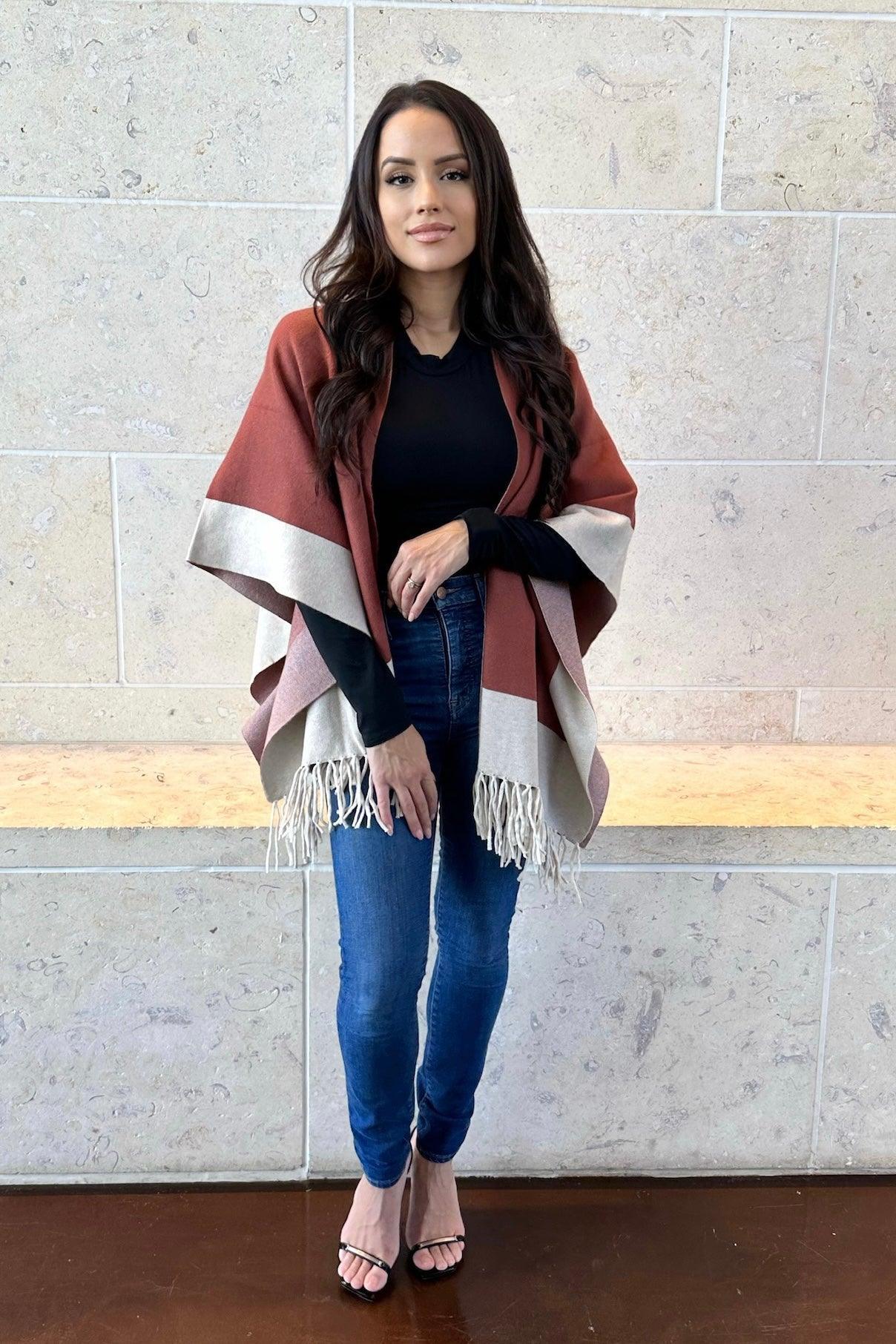 STATE OF MIND PONCHO , JACKET , It's NOMB , chocolate color poncho, color blocked poncho, it's nomb, ivory poncho, JACKETS, ONLINE BOUTIQUE, poncho, poncho sweater, poncho with fringe, rust poncho, shawl jacket, shawl sweater, state of mind poncho, sweater poncho, sweater poncho with fringe , It's NOMB , itsnomb.com