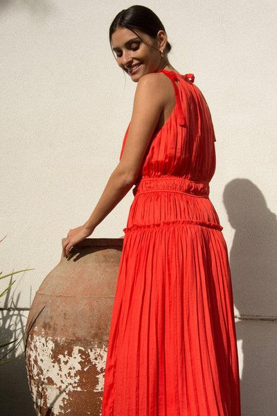 THE HEADTURNER DRESS , DRESS , It's NOMB , CORAL DRESS, HALTER DRESS, PLEATED DRESS, red dress, red dresses, Wedding Guest Dress, wedding guest dresses , It's NOMB , itsnomb.com