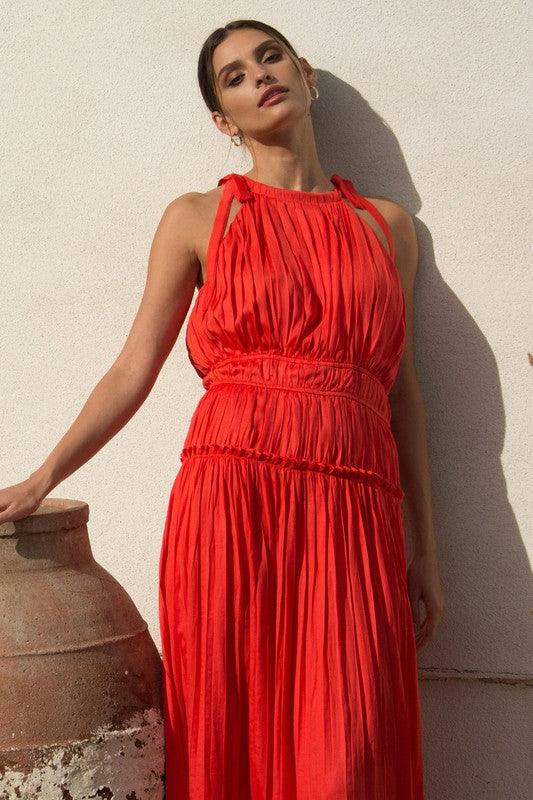 THE HEADTURNER DRESS , DRESS , It's NOMB , CORAL DRESS, HALTER DRESS, PLEATED DRESS, red dress, red dresses, Wedding Guest Dress, wedding guest dresses , It's NOMB , itsnomb.com